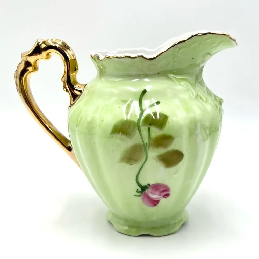 Vintage Lefton Green Heritage Roses Gold Trim Small Pitcher 4172‎ Hand Painted